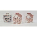 Porcelain tea caddy with floral decoration in Imari colours, 11cm high and a pair of porcelain tea