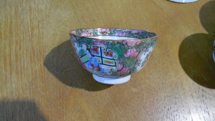 Three Chinese porcelain tea bowls with blue landscape and plant decoration, similar saucer and a set - Image 9 of 11