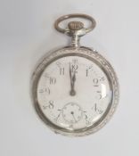 Large continental white metal cased pocket watch, button winding, with subsidiary seconds dial,