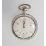 Large continental white metal cased pocket watch, button winding, with subsidiary seconds dial,