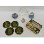 Wedgwood table lighter, a blue and white lidded pot, a glass paperweight in the form of eagle's