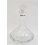 Glass decanter with silver collar by Mappin & Webb, London 1995, of bulbous form with silver collar,