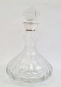 Glass decanter with silver collar by Mappin & Webb, London 1995, of bulbous form with silver collar,