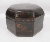 20th century Oriental lacquer octagonal box with painted figures in pagoda in garden scene to the