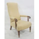 Late Georgian mahogany framed armchair in pale yellow patterned upholstery, turned front legs,