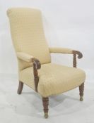 Late Georgian mahogany framed armchair in pale yellow patterned upholstery, turned front legs,