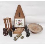 Assorted items to include AA badge, letter opener, ebony elephant, Cornish Pisky brass badge,