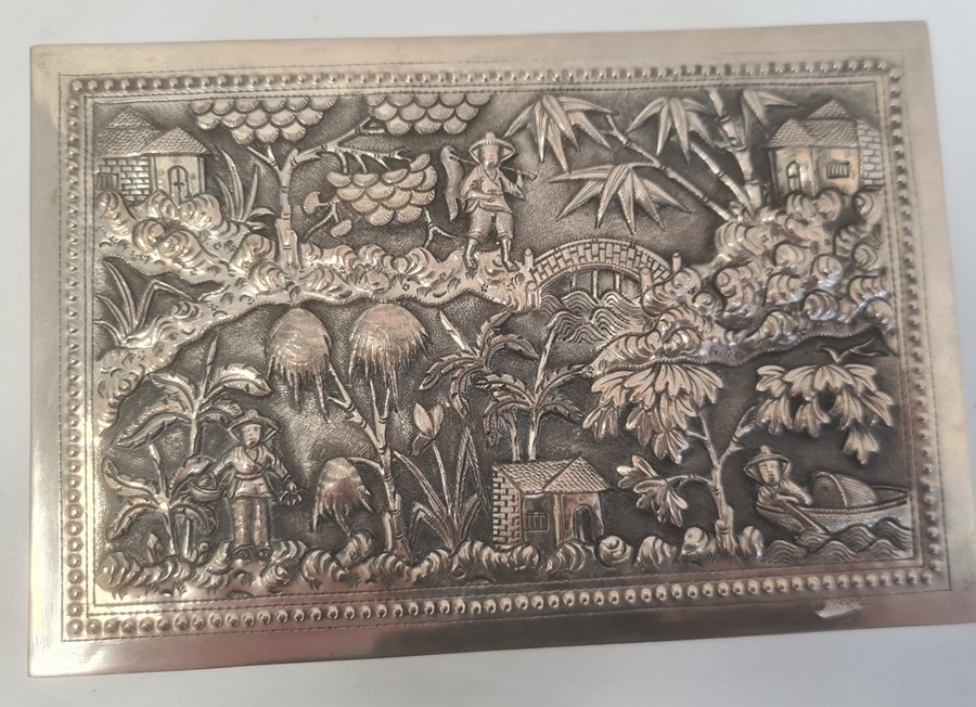 Indo China cigar box, rectangular with detailed repousse decoration on all sides, figures in rural - Image 2 of 4