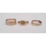 Wedding band, 2.3g (no visible marks, valued as 9ct), a gold signet ring (worn) and a 9ct gold