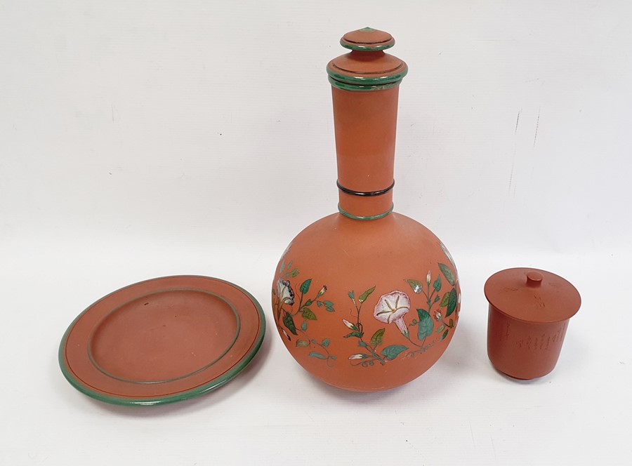 19th century terracotta bottle vase and cover decorated with enamels with convolvulus and the