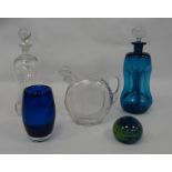 Baccarat glass wine ewer, flattened disc-shaped and panelled, blue and clear glass glug-glug