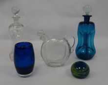 Baccarat glass wine ewer, flattened disc-shaped and panelled, blue and clear glass glug-glug