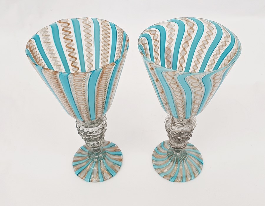 Pair of Venetian latticino glass goblets with latticino bands above the stem, with lion and - Image 5 of 5