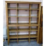 Two pine shelving units each with two open shelves and two upright divisions, 160cm wide x 104cm
