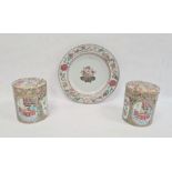 Pair Chinese Canton porcelain cylindrical jars and covers, each painted in famille rose colours with