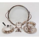Swiss silver plated, glass and leather stand/tray, circular with pair leather handles, on four