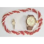 Titoni 21 Jewels wristwatch, an Invicta wristwatch and a coral and cultured pearl necklace (3)