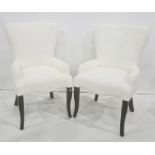 Pair of office director and janitor chairs in white fluffy fabric, cabriole legs, emblazed with '