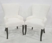 Pair of office director and janitor chairs in white fluffy fabric, cabriole legs, emblazed with '