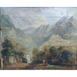 19th century Continental school Oil on canvas Figures conversing in foreground, mountainous