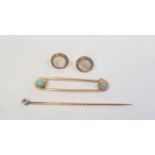 Turquoise set gold-coloured pin brooch and gold-coloured stickpin mount, gross weight approx 3g