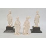 Four Chinese ivory figures (two on stands), 9cm high approx. (minus stands) and a resinous scrimshaw