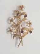 9ct gold, garnet and pearl floral spray brooch, 9.2g total