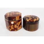 A George III tortoiseshell bachelor's tea caddy, octagonal form, bone handle, 6cm high x 6.2cm