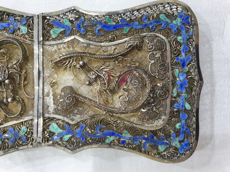 A 19th century Chinese silver coloured metal and enamel card case, the filigree case decorated - Image 10 of 36