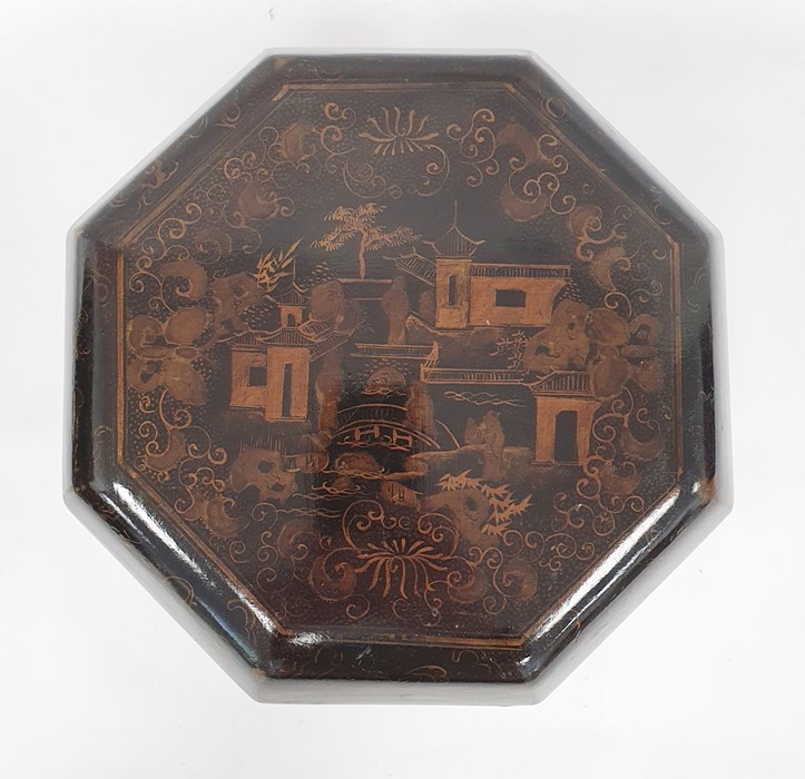 20th century Oriental lacquer octagonal box with painted figures in pagoda in garden scene to the - Image 2 of 6