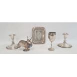 A Mappin and Webb silver plated cup, a silver coloured metal miniature rectangular tray, a pair of