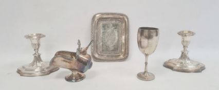 A Mappin and Webb silver plated cup, a silver coloured metal miniature rectangular tray, a pair of