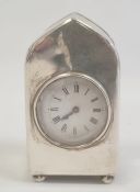 Edwardian small clock in silver case, the clock with enamel dial and Roman numerals, the case of