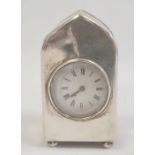 Edwardian small clock in silver case, the clock with enamel dial and Roman numerals, the case of