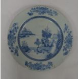 Chinese porcelain plaque, underglaze blue lakeside landscape painted decoration, 36 cm diam
