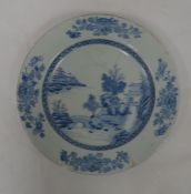 Chinese porcelain plaque, underglaze blue lakeside landscape painted decoration, 36 cm diam