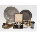 Assorted metalware to include pewter platters, brass bell marked 'Titanic 1912', brass plaque marked