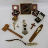 Two trays of assorted items to include travel clock, gavel, dog whistle, small quantity of coins,