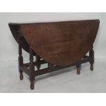 18th century and later oak gateleg table of oval form, single drawer, turned and block supports,