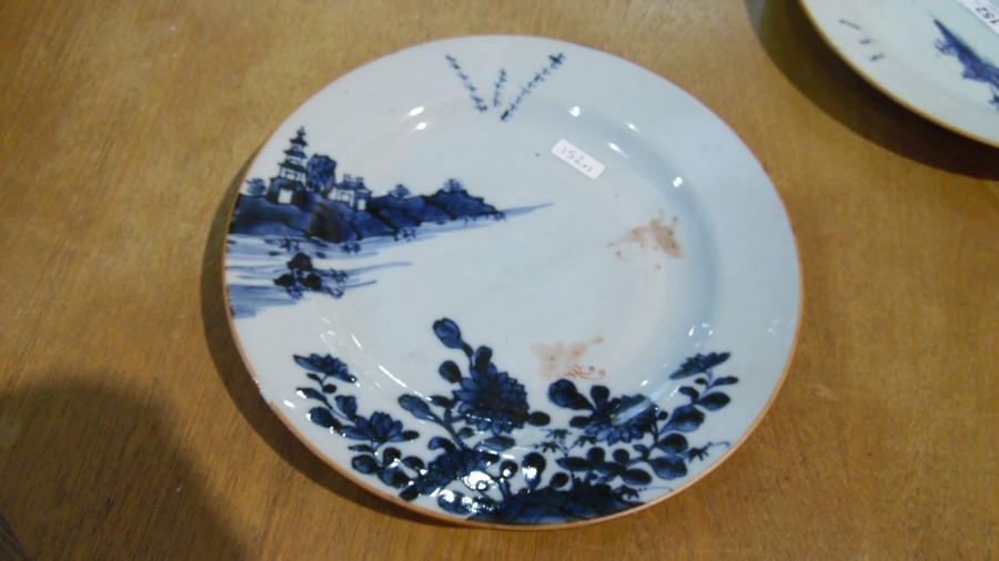 Pair Chinese porcelain plates painted in blue with chrysanthemums and lakeside buildings, enamel - Image 8 of 11