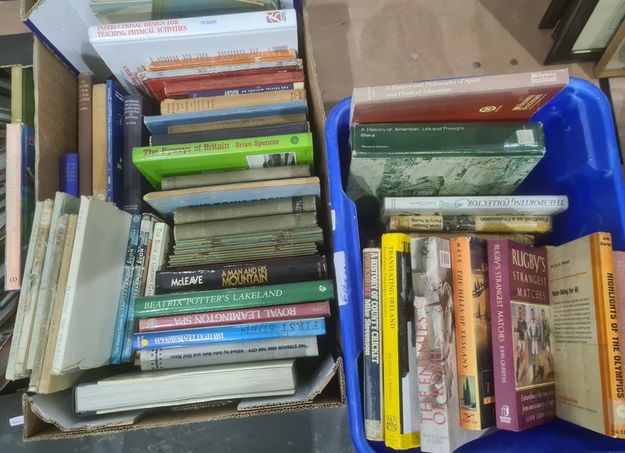 Assorted volumes , various subjects, philosophy, education. rugby, boxing, tennis,  ( 3 boxes)