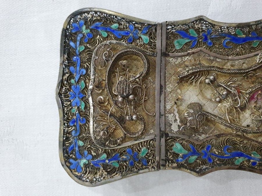 A 19th century Chinese silver coloured metal and enamel card case, the filigree case decorated - Image 9 of 36