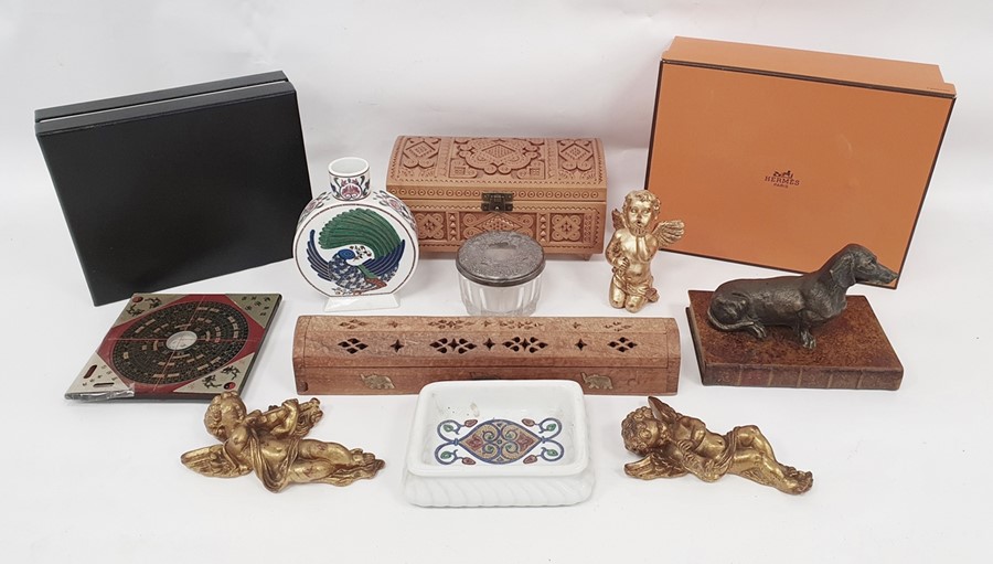 Box of assorted items to include resin model of dog standing on book, 20th century carved box,