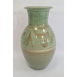 Studio pottery vase with ovoid body, green ground with brown stylised leaf decoration,