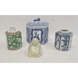 Chinese porcelain hexagonal jar and cover, underglaze blue decoration, two oriental porcelain tea
