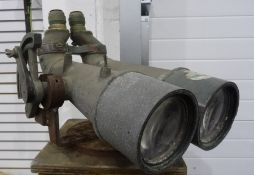 Pair of 20th century, possibly WWII, naval binoculars mounted on wooden base, binoculars unmarked,