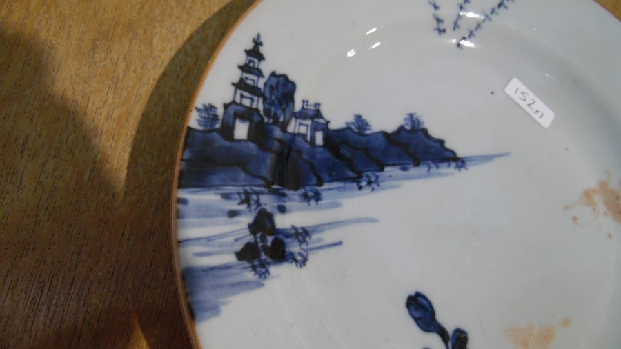 Pair Chinese porcelain plates painted in blue with chrysanthemums and lakeside buildings, enamel - Image 9 of 11