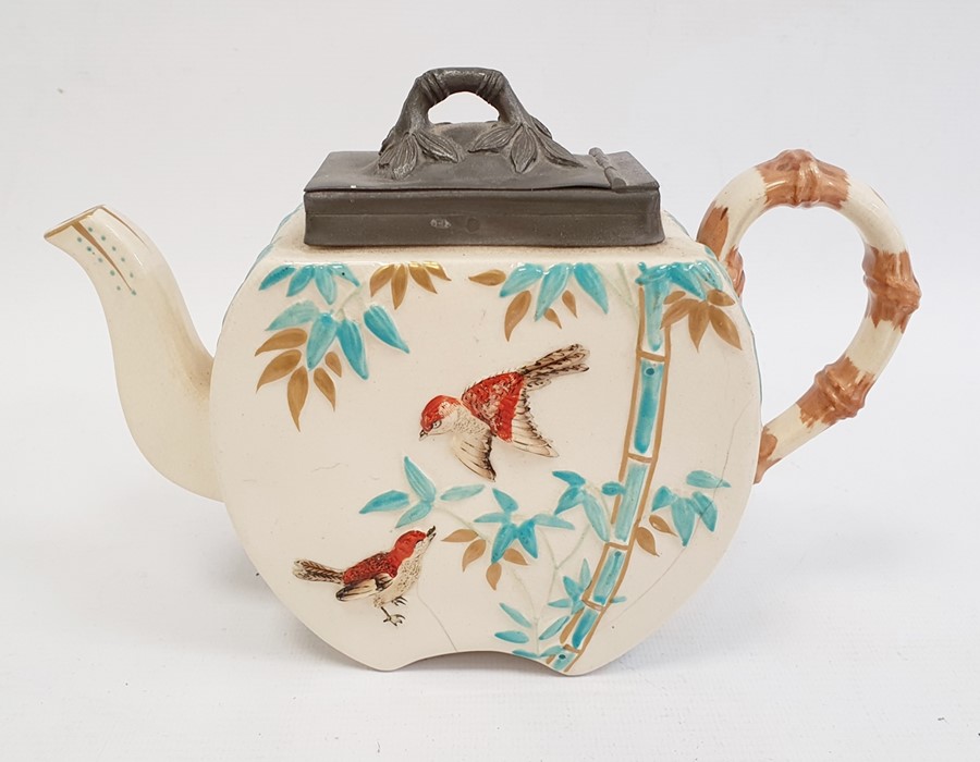 Victorian Aesthetic movement pewter mounted teapot in Japonaiserie style, embossed with birds and - Image 20 of 42