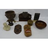 Assorted items including pipe rack, reproduction Sumerian type tablet, masks, treen etc