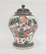 Japanese pottery vase, inverse-baluster shaped, painted in enamels with Samurai warriors and other